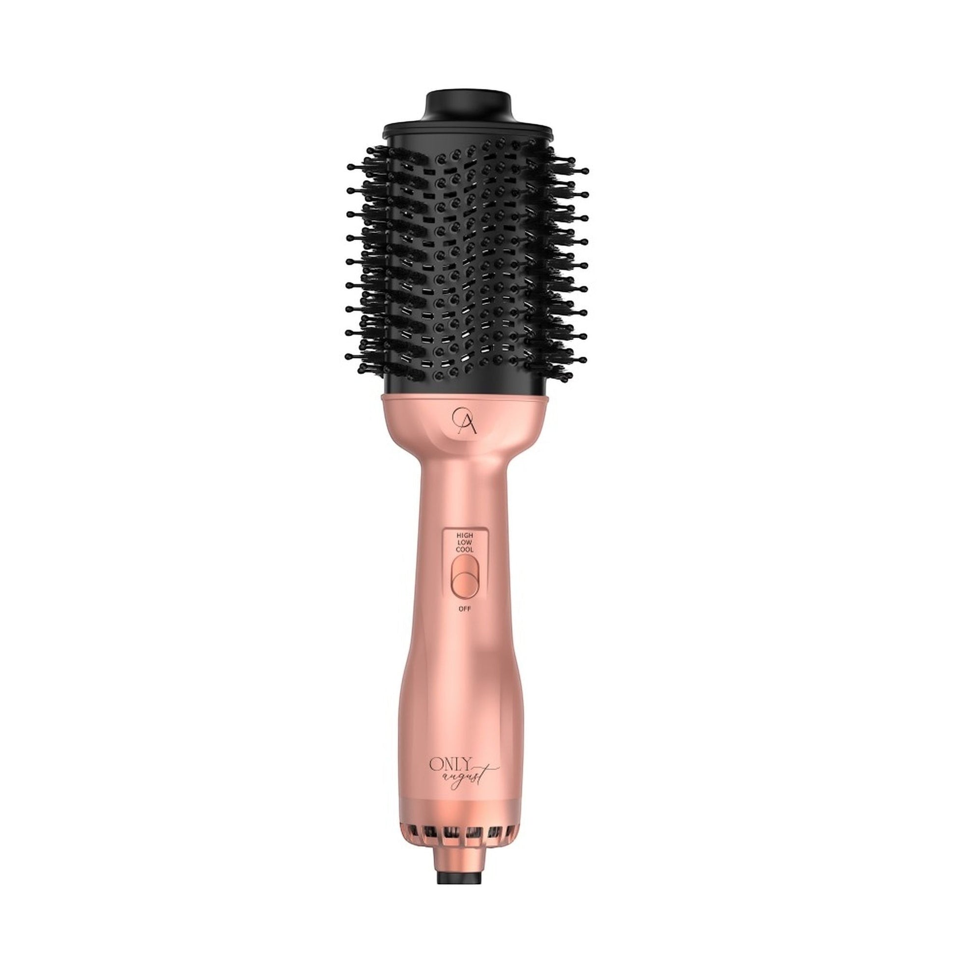 Only August 4-in-1 rose gold hot air brush with black volumizing round brush attachment and controls.