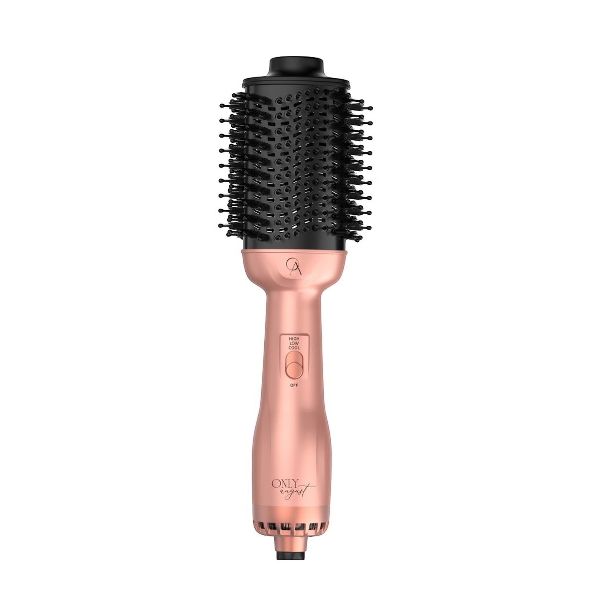 Only August 4-in-1 rose gold hot air brush with black volumizing round brush attachment and controls.