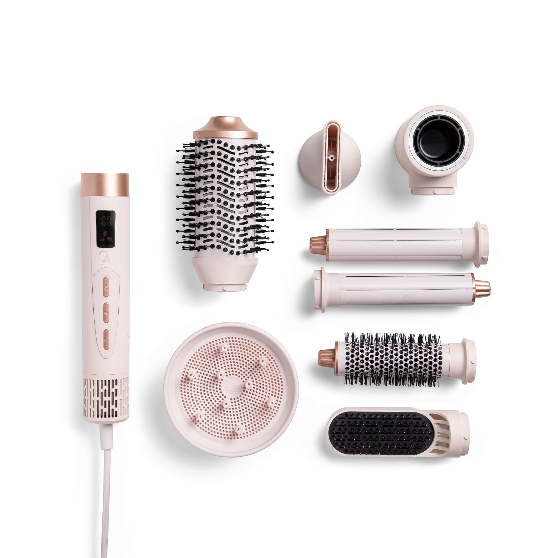 Only August 8-in-1 Hot Air Multi Styler in cream and rose gold, with attachments for smoothing, curling, and diffusing.