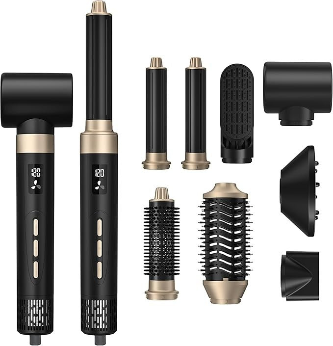 Only August 8-in-1 hot air multi styler with interchangeable attachments for curling, smoothing, and volumizing hair.