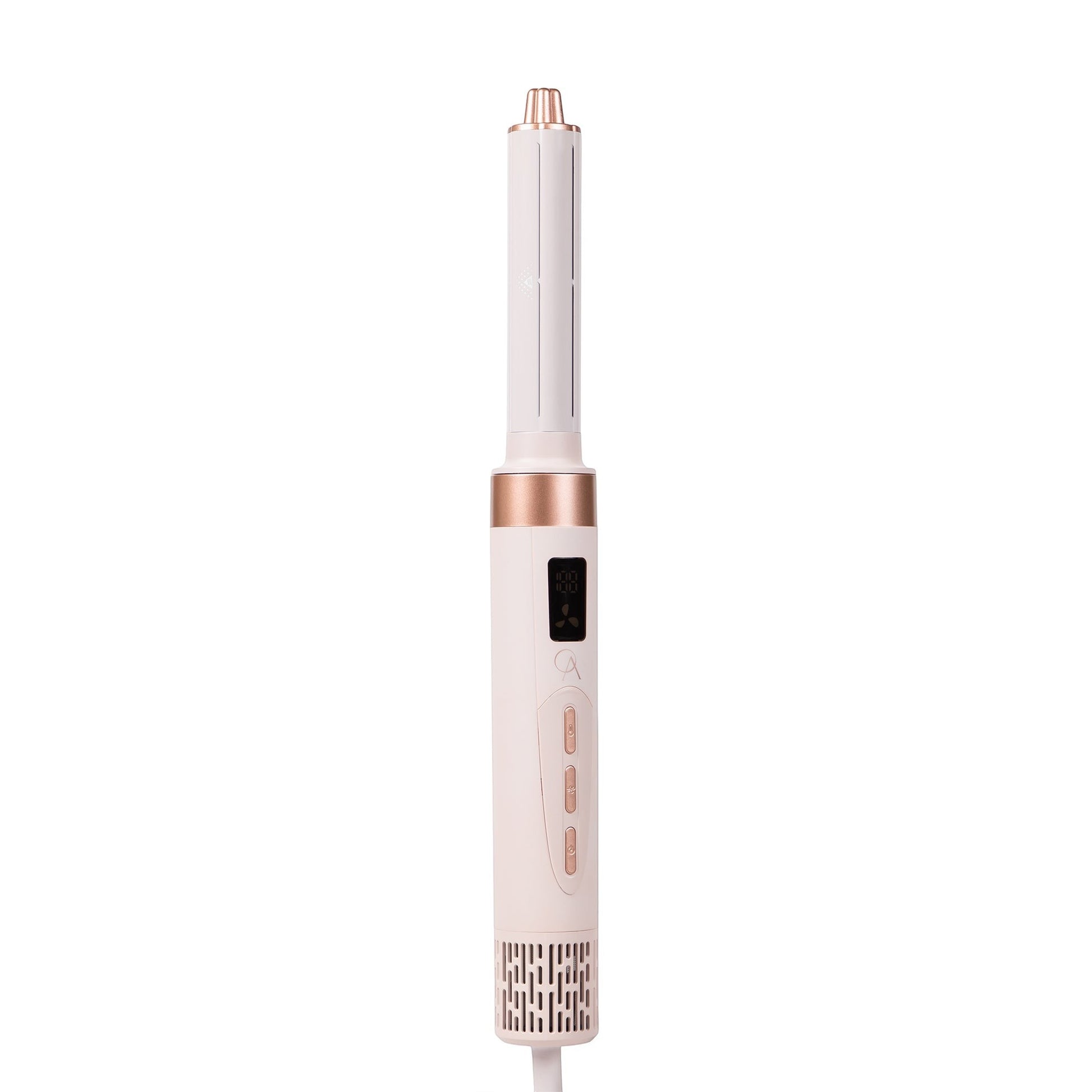 Only August 8-in-1 Hot Air Multi Styler in white and rose gold with LCD display and interchangeable attachments for styling hair.
