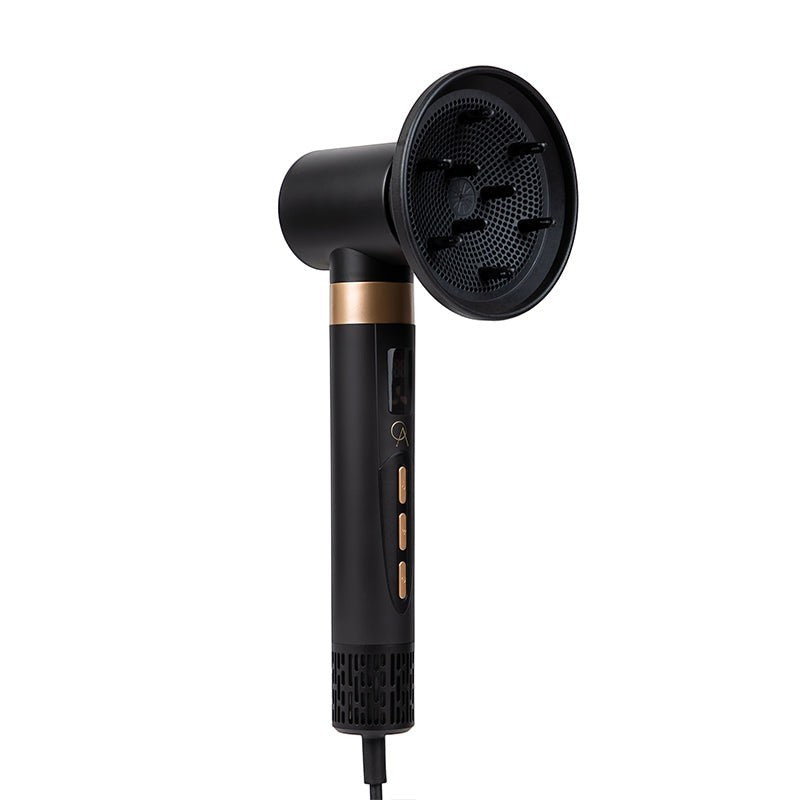 Only August 8-in-1 black hot air multi styler with diffuser attachment and gold accents. Features LCD display and buttons.