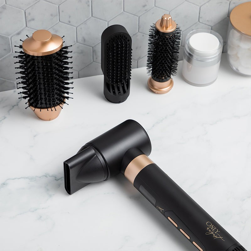 Only August 8-in-1 Hot Air Multi Styler with black and gold attachments for smoothing, curling, and volumizing hair.