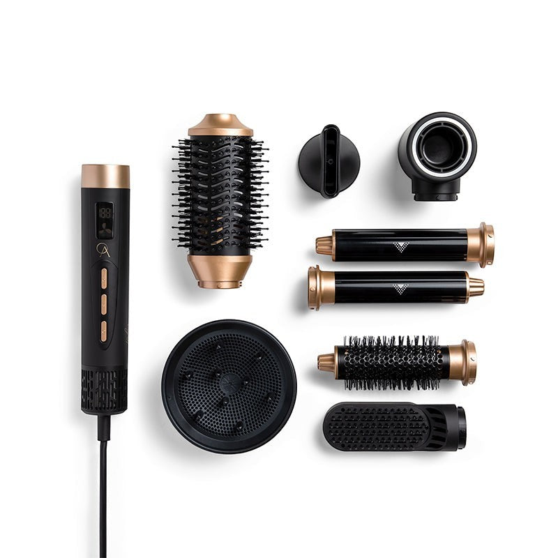 Only August 8-in-1 Hot Air Multi Styler with attachments: round brush, concentrator, diffuser, 2 curling barrels, paddle brush, and comb.