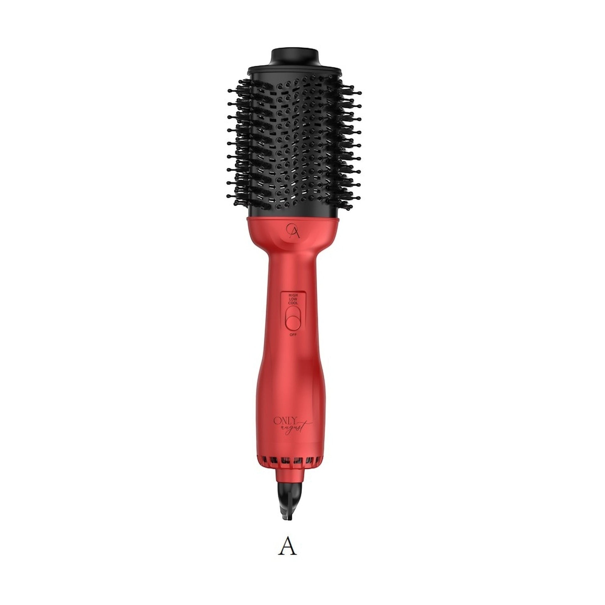 Only August red 4-in-1 hot air brush with round volumizing brush attachment and ionic technology.