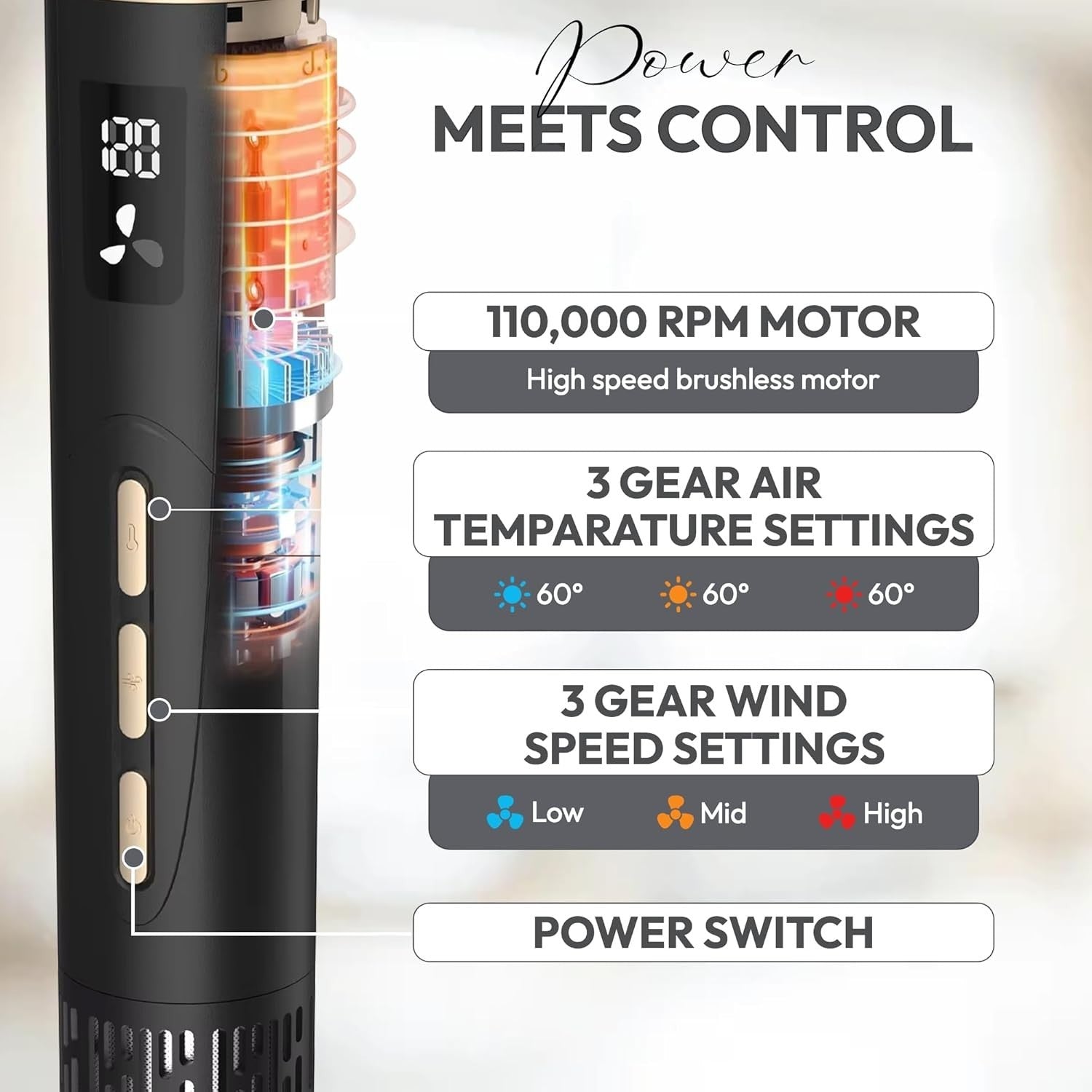 Only August 8-in-1 Hot Air Multi Styler with LCD display, 3 temperature and 3 speed settings, and 110,000 RPM motor.