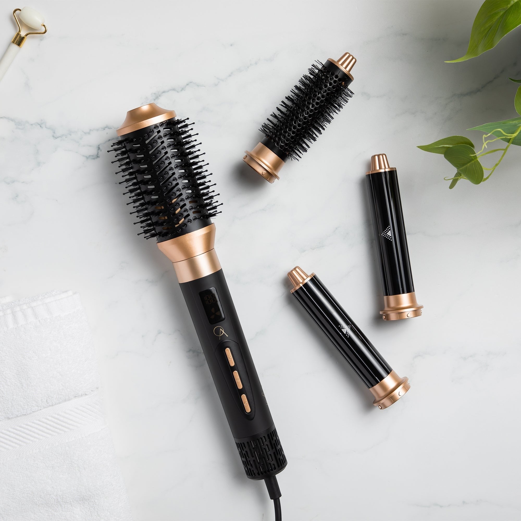 Only August 8-in-1 Hot Air Multi Styler with black and gold attachments for smoothing, curling, and volumizing hair.