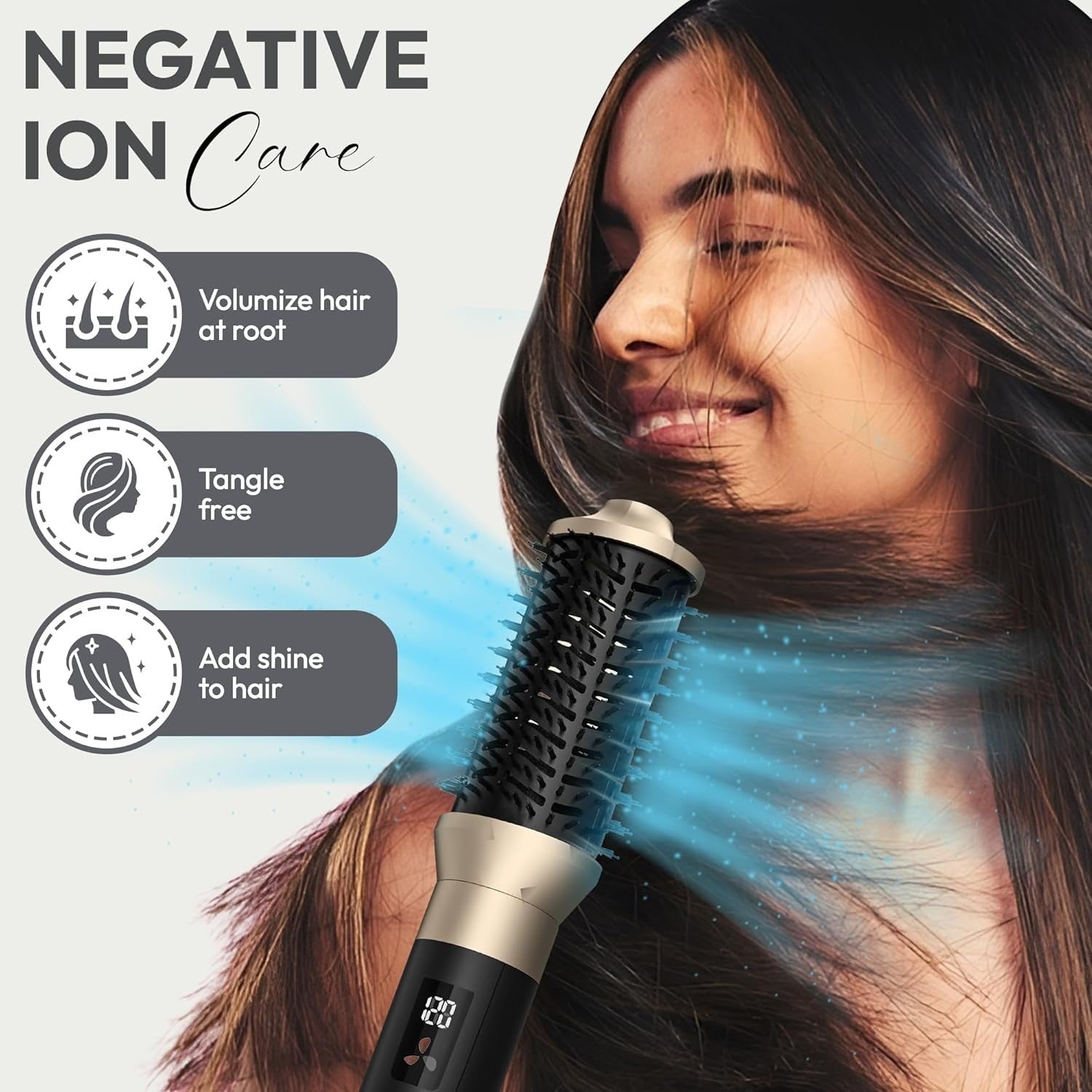 Only August 8-in-1 Hot Air Multi Styler with round brush attachment, creating volume and shine on model's hair.